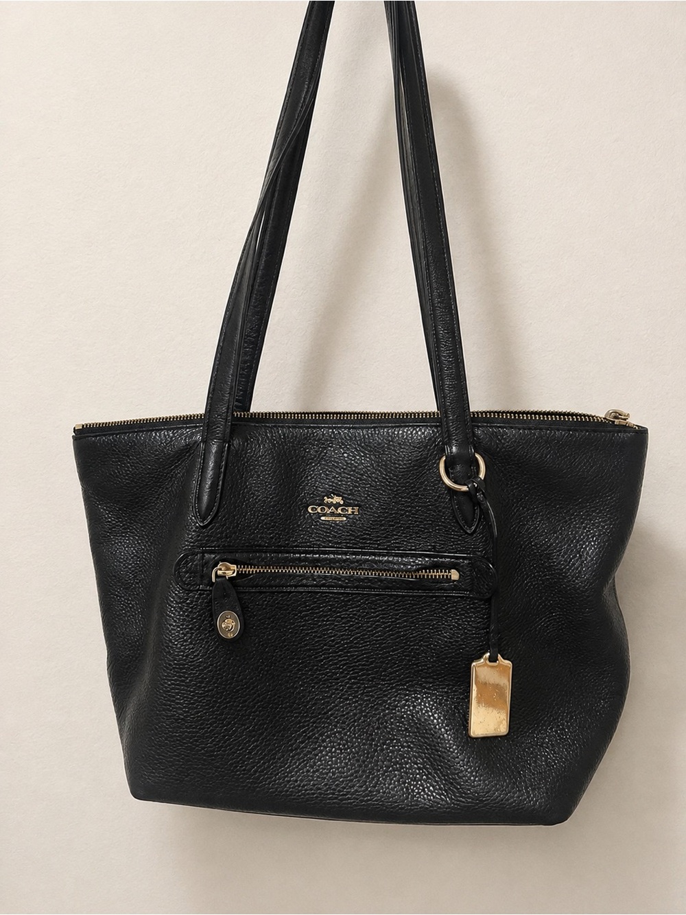 Coach Black Pebbled Leather Zip Tote with Gold Hardware